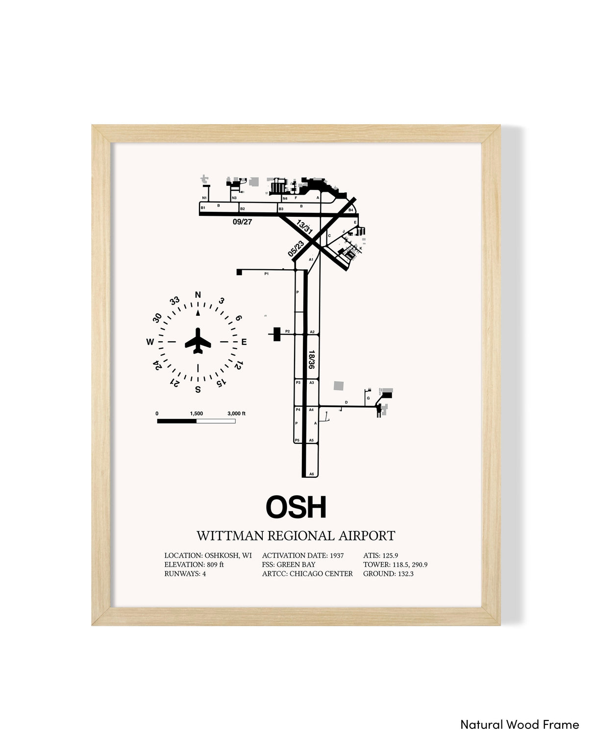 Detailed Airport Map of Wittman Regional Airport (OSH) in White with a Natural Frame