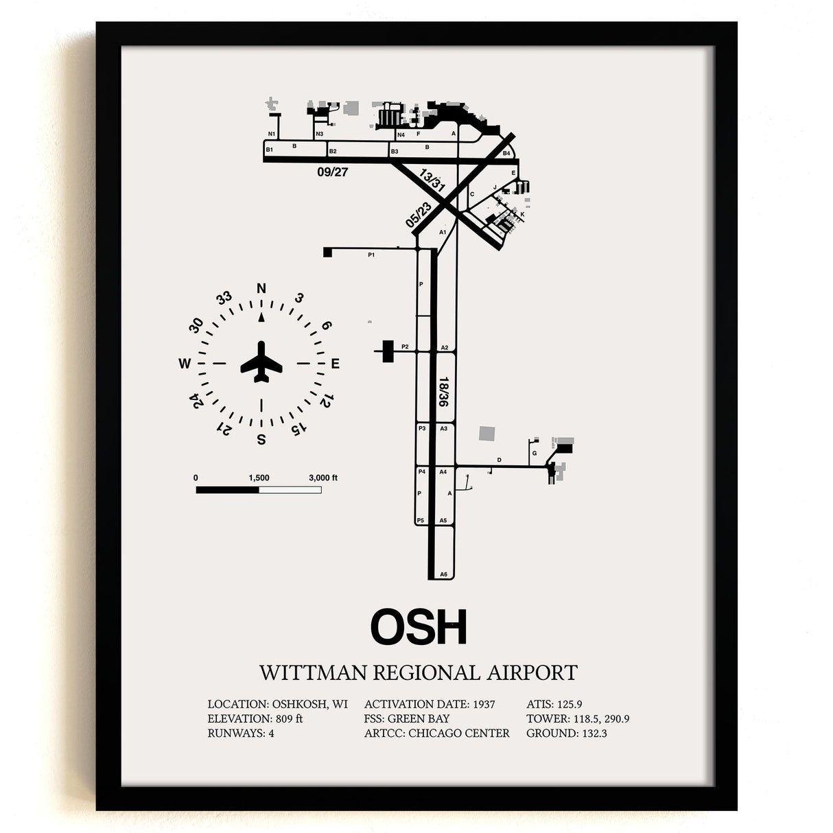 Framed Detailed Airport Map of Wittman Regional Airport (OSH) in White with a Black Frame