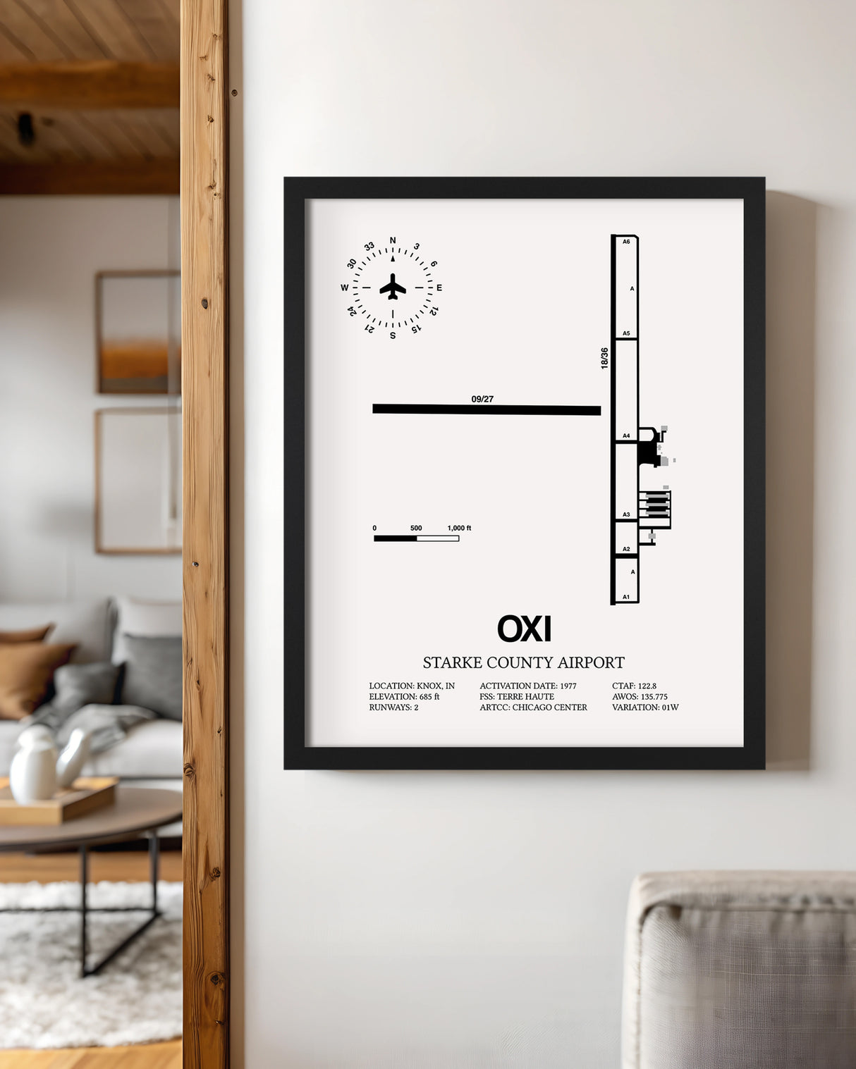 Framed Detailed Airport Map of Starke County Airport (OXI) in White with a Black Frame