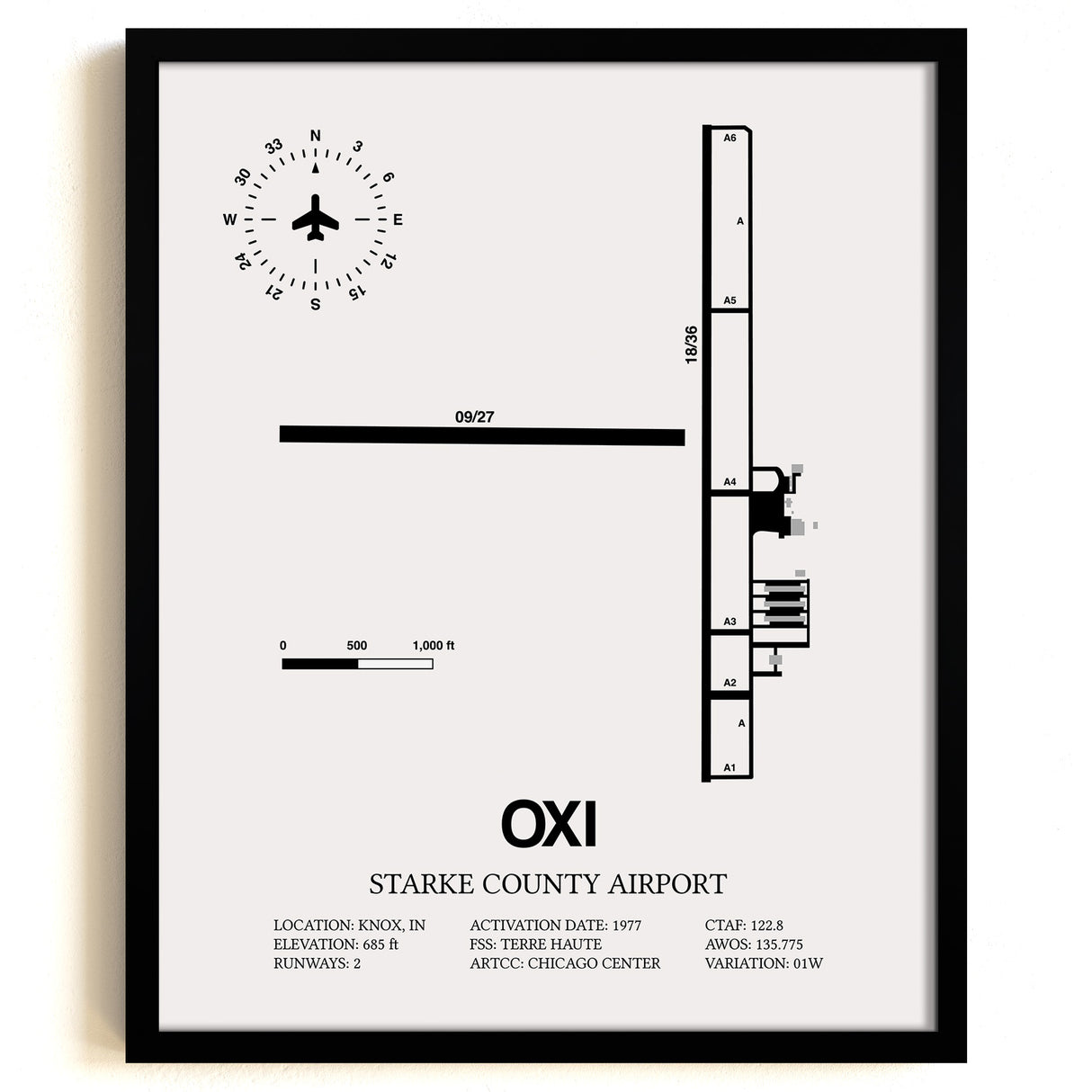 Framed Detailed Airport Map of Starke County Airport (OXI) in White with a Black Frame