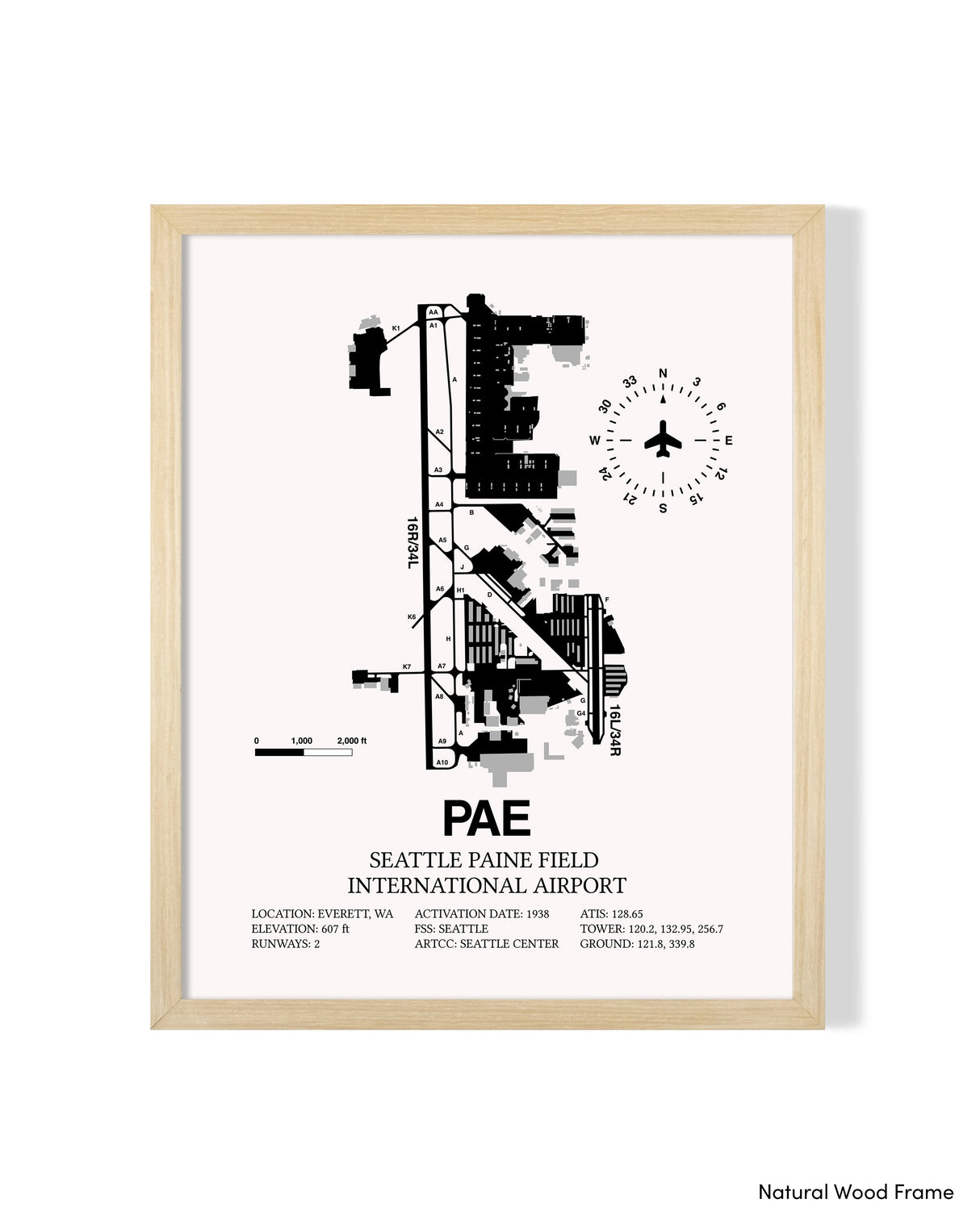 Detailed Airport Map of Seattle Paine Field International Airport (PAE) in White with a Natural Frame