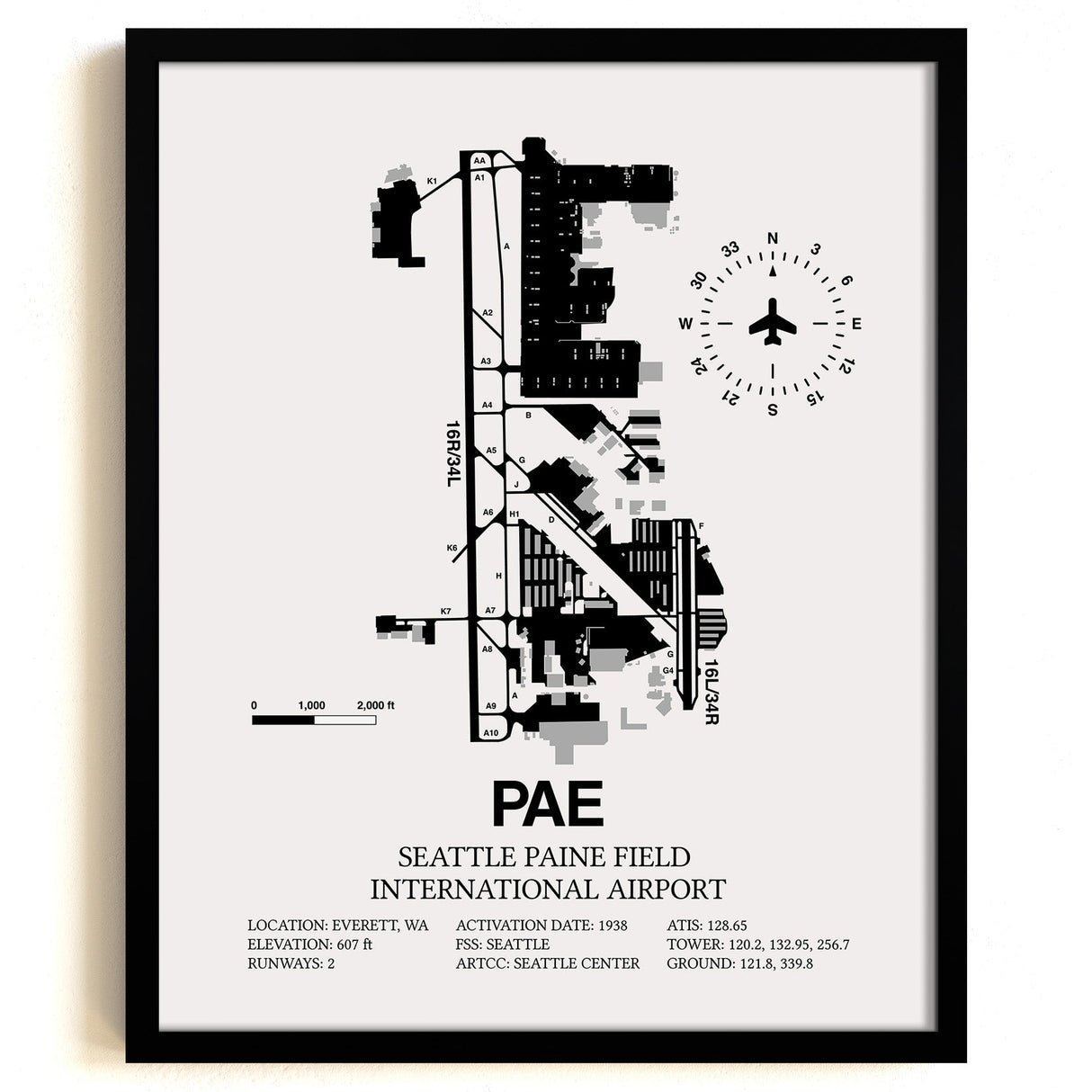 Framed Detailed Airport Map of Seattle Paine Field International Airport (PAE) in White with a Black Frame