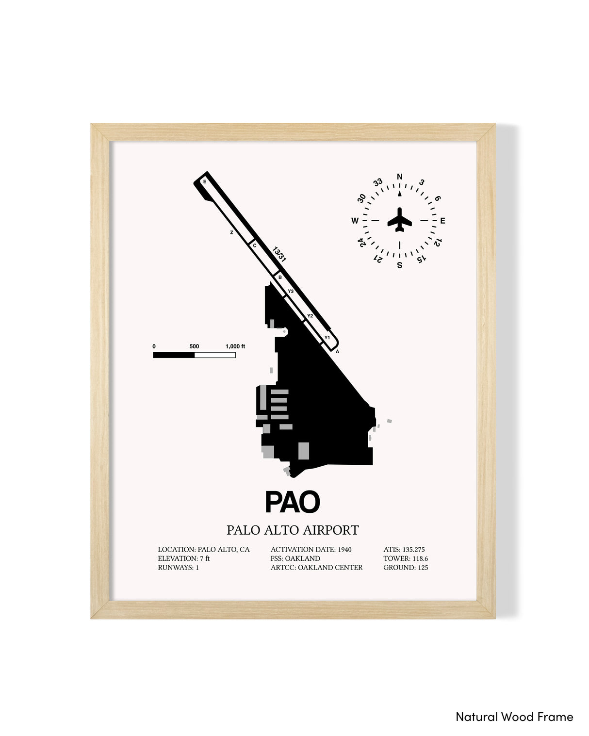 Detailed Airport Map of Palo Alto Airport (PAO) in White with a Natural Frame