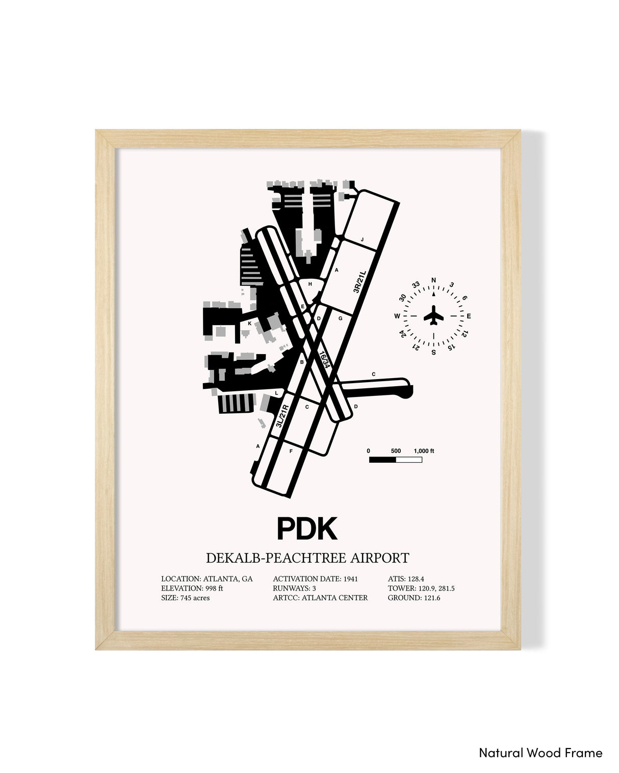 Detailed Airport Map of DeKalb Peachtree Airport (PDK) in White with a Natural Frame