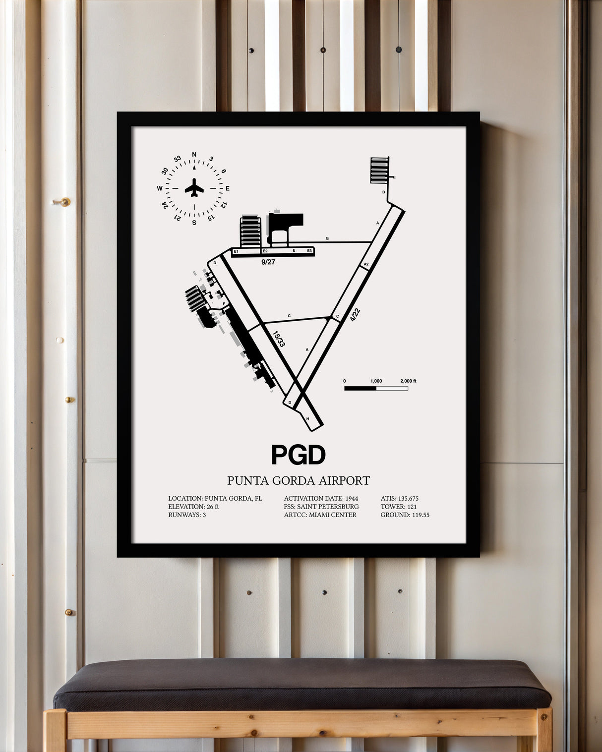Framed Detailed Airport Map of Punta Gorda Airport (PGD) in White with a Black Frame