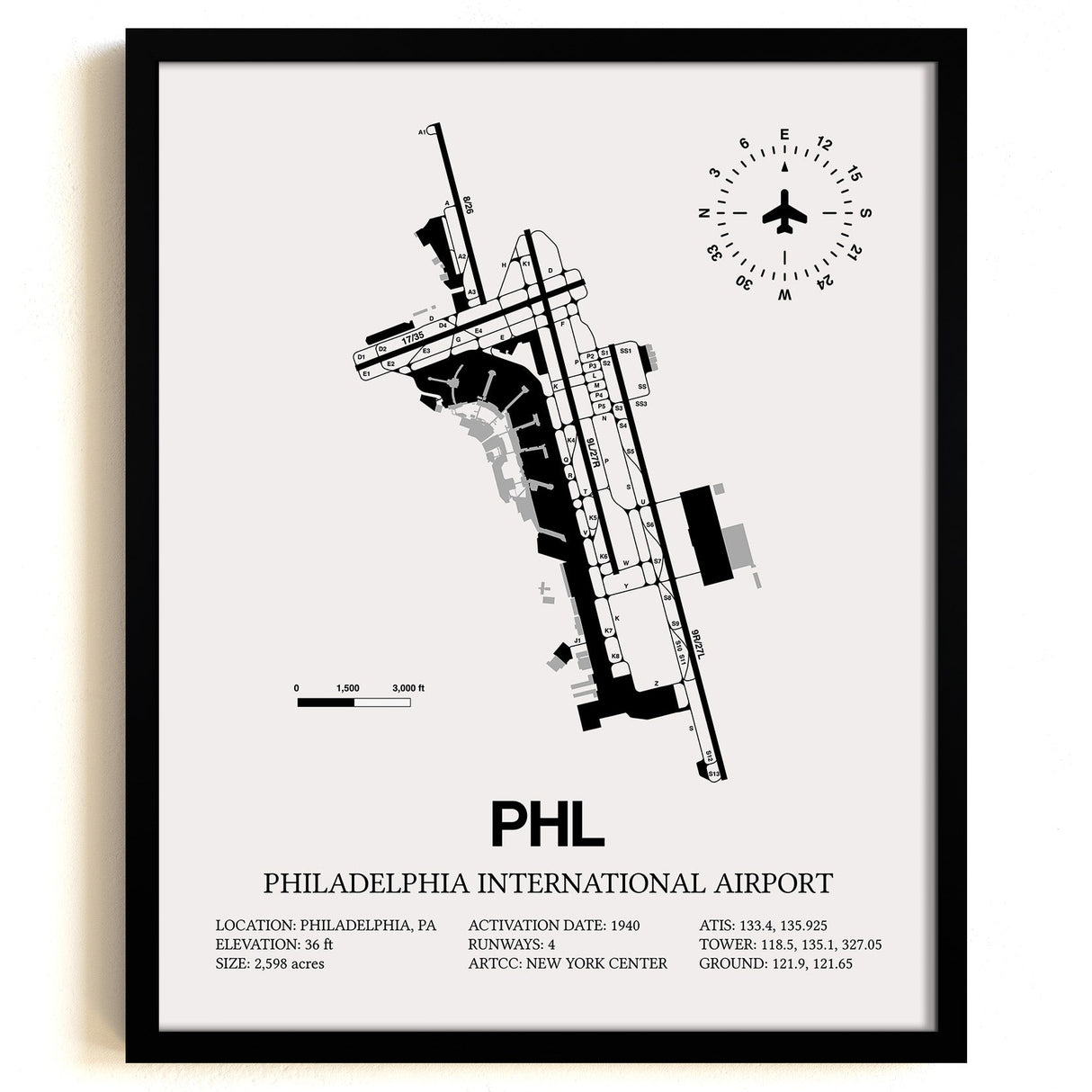 Framed Detailed Airport Map of Philadelphia International Airport (PHL) in White with a Black Frame