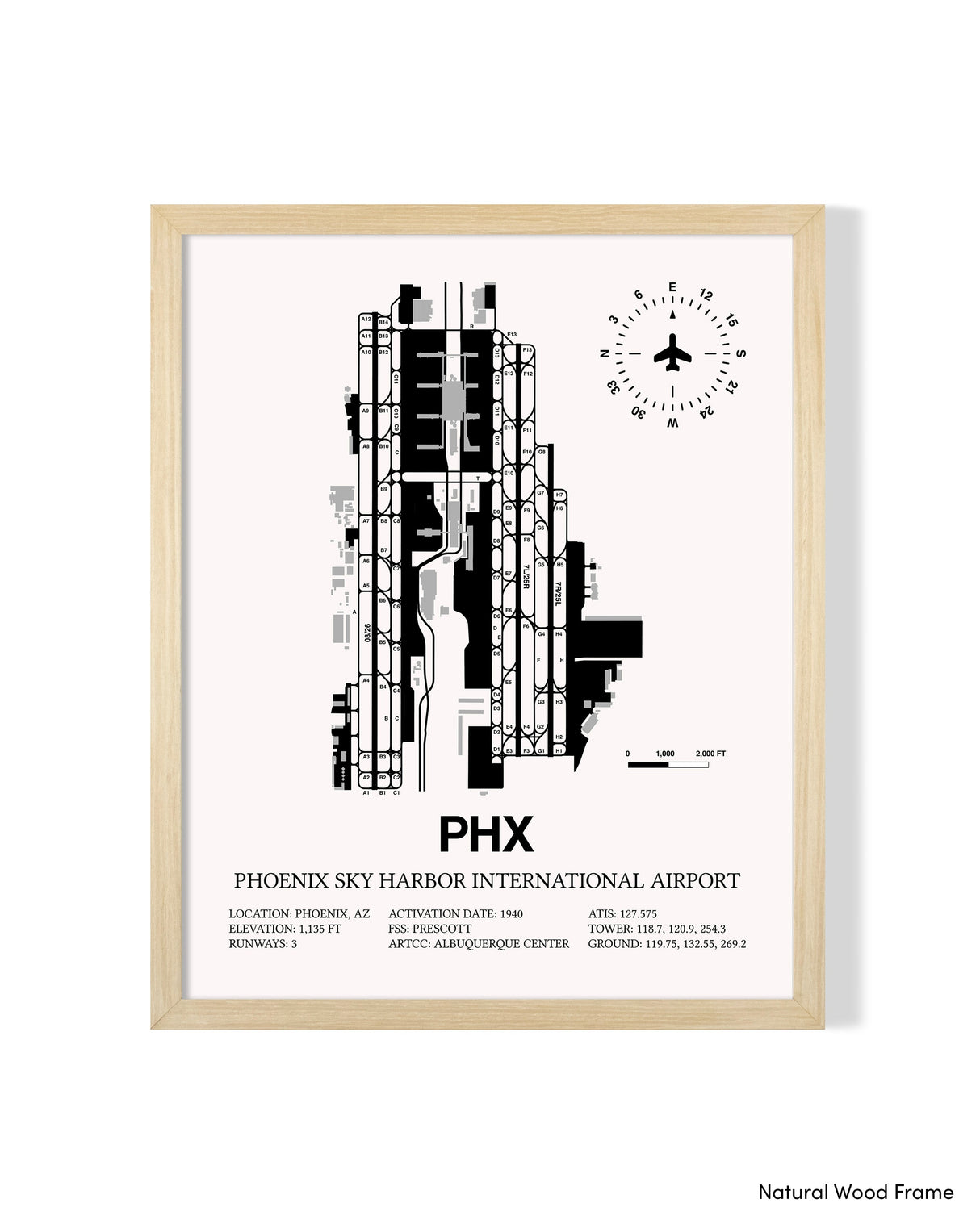 Detailed Airport Map of Phoenix Sky Harbor International Airport (PHX) in White with a Natural Frame