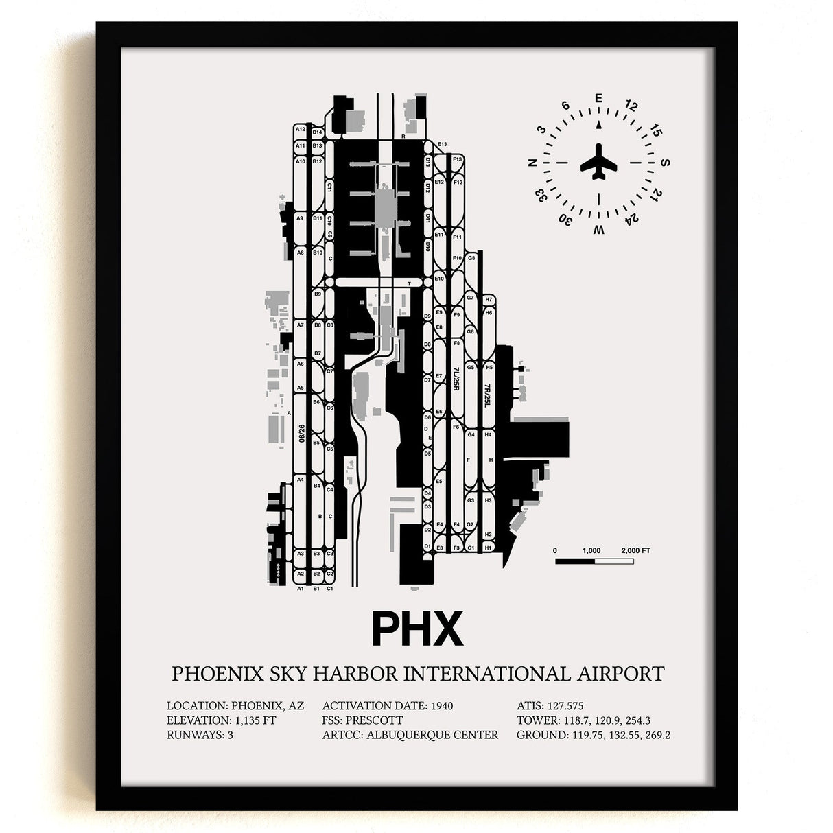 Framed Detailed Airport Map of Phoenix Sky Harbor International Airport (PHX) in White with a Black Frame