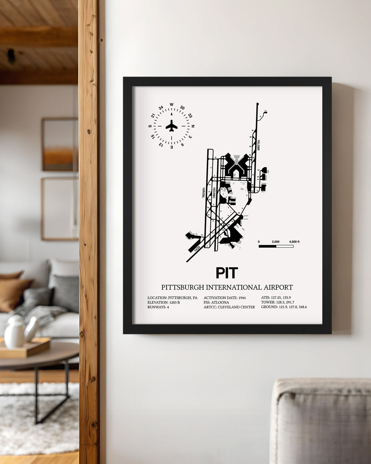 Framed Detailed Airport Map of Pittsburgh International Airport (PIT) in White with a Black Frame