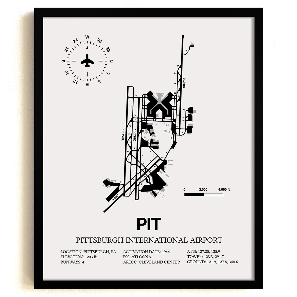 Framed Detailed Airport Map of Pittsburgh International Airport (PIT) in White with a Black Frame