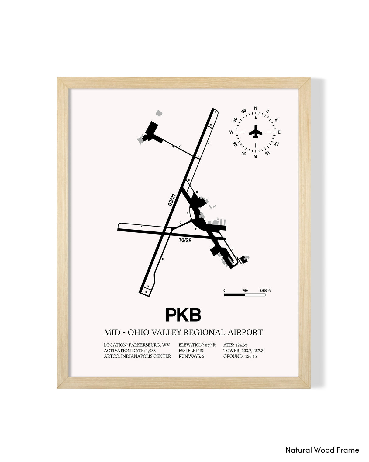 Detailed Airport Map of Mid - Ohio Valley Regional Airport (PKB) in White with a Natural Frame