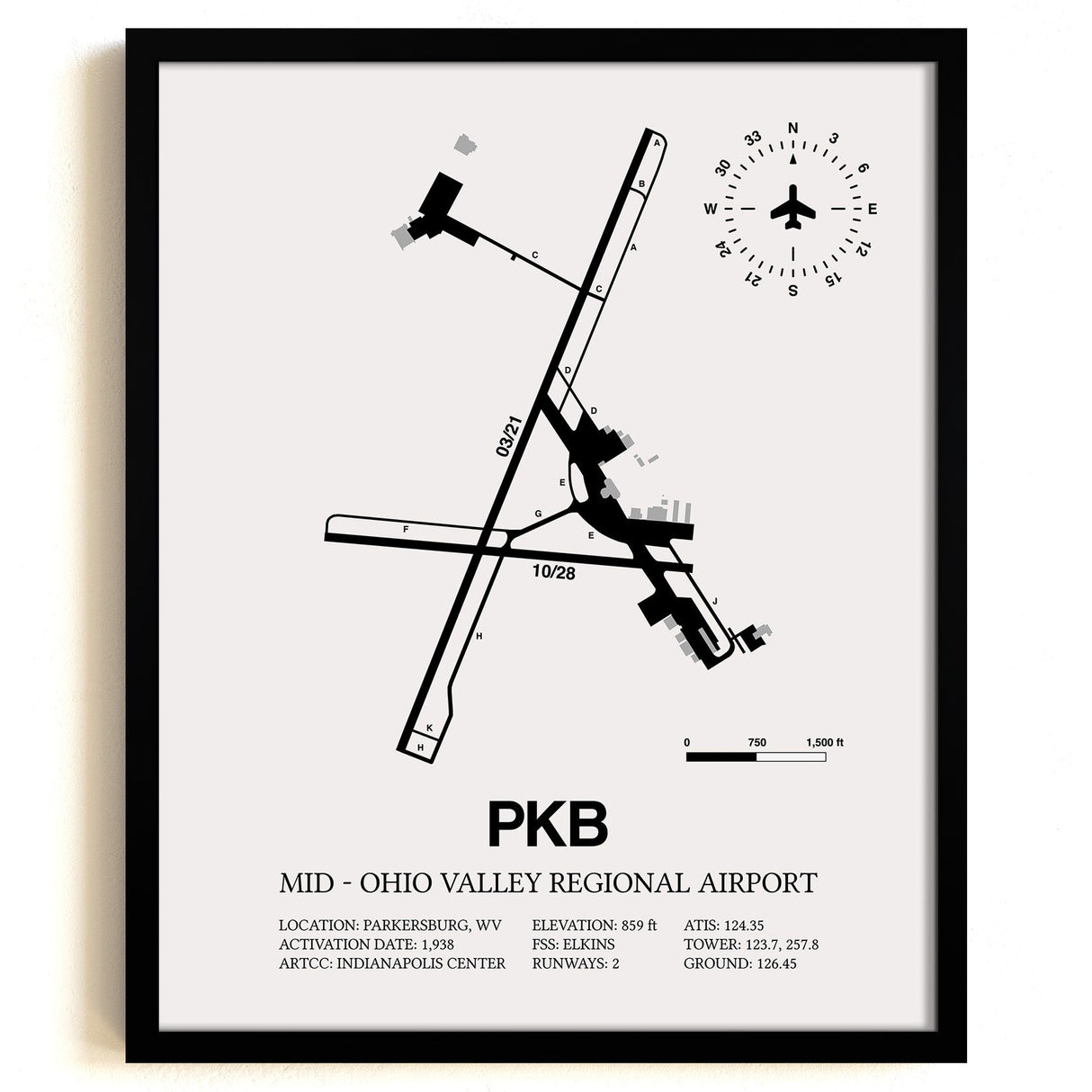 Framed Detailed Airport Map of Mid - Ohio Valley Regional Airport (PKB) in White with a Black Frame
