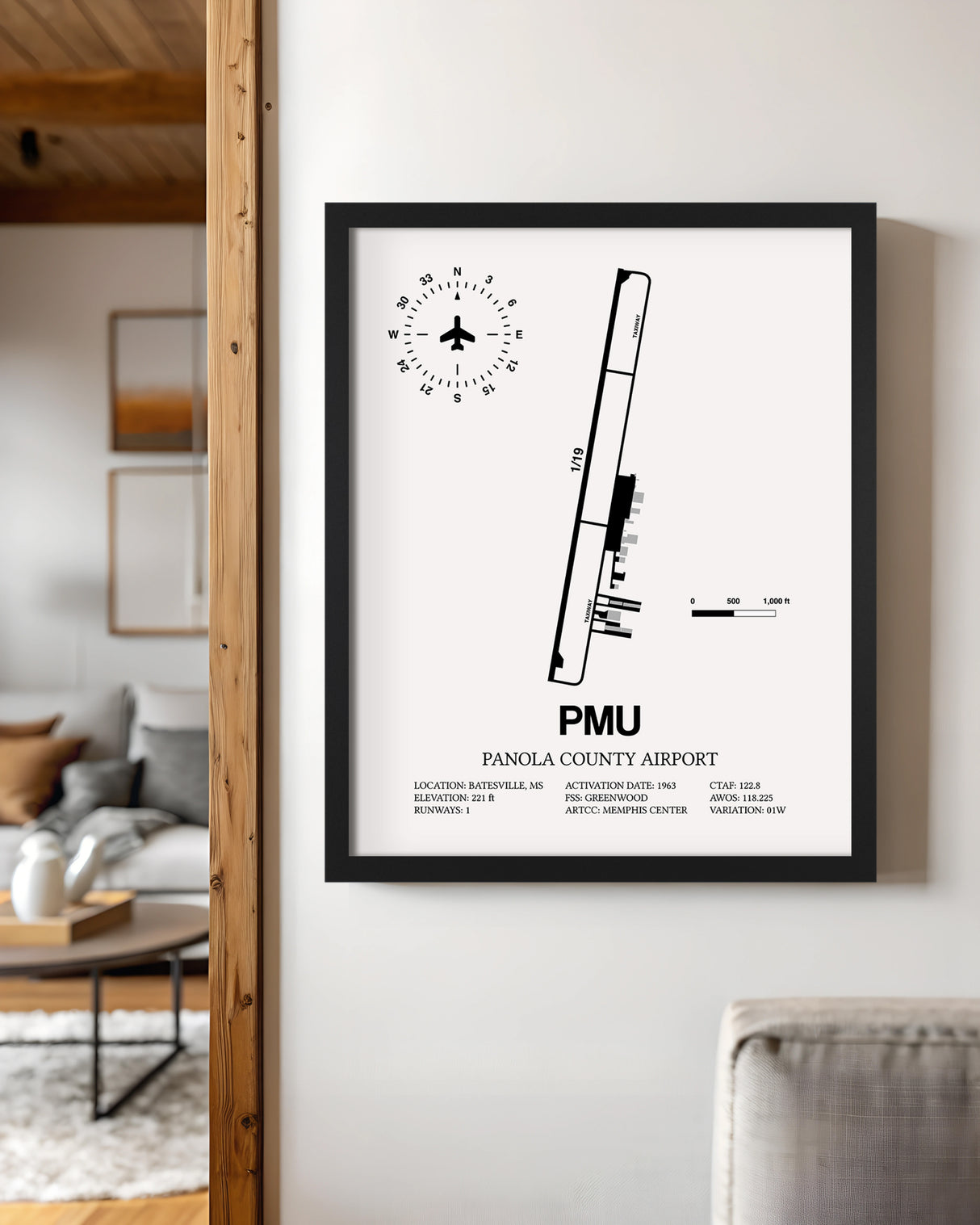 Framed Detailed Airport Map of Panola County Airport (PMU) in White with a Black Frame