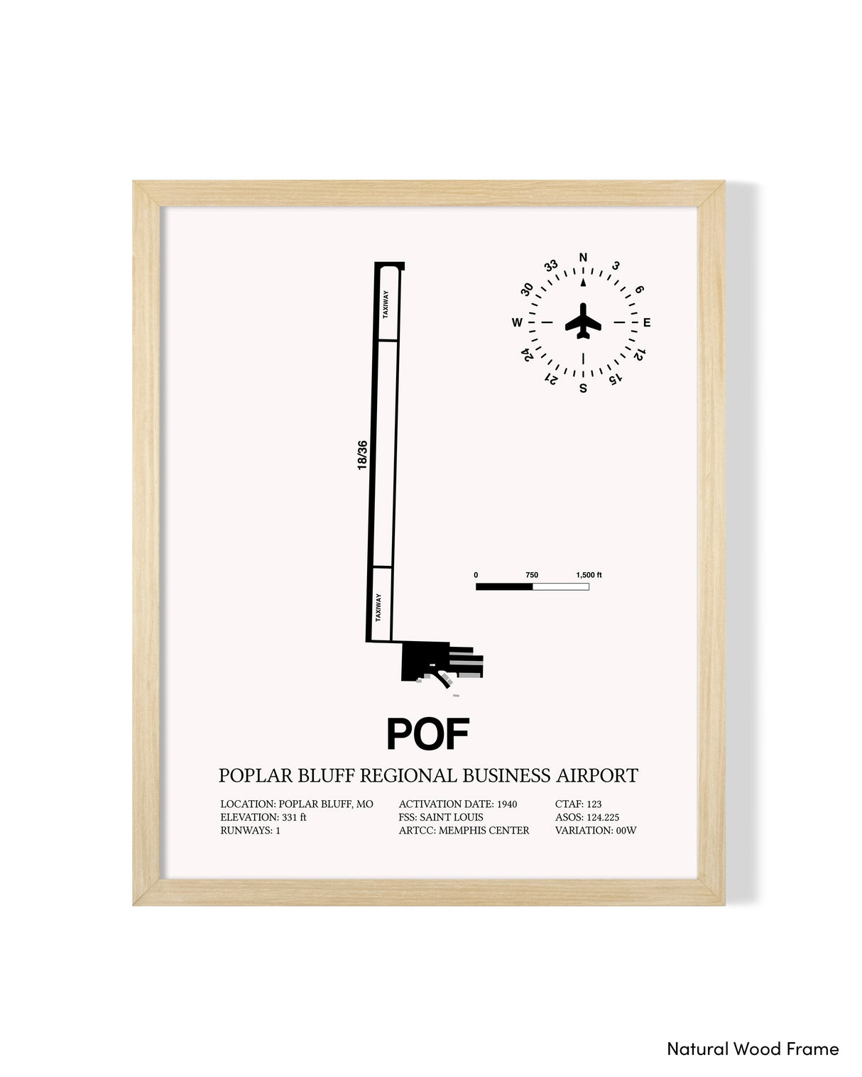 Detailed Airport Map of Poplar Bluff Regional Business Airport (POF) in White with a Natural Frame