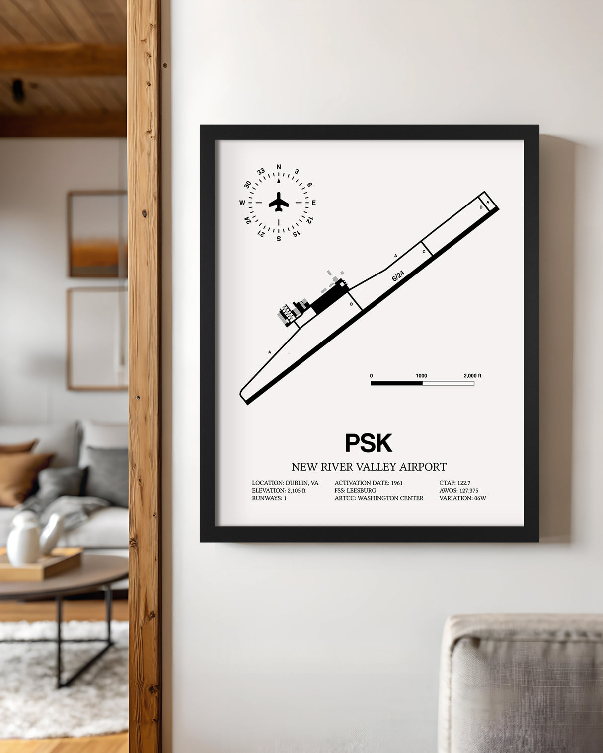 Framed Detailed Airport Map of New River Valley Airport (PSK) in White with a Black Frame