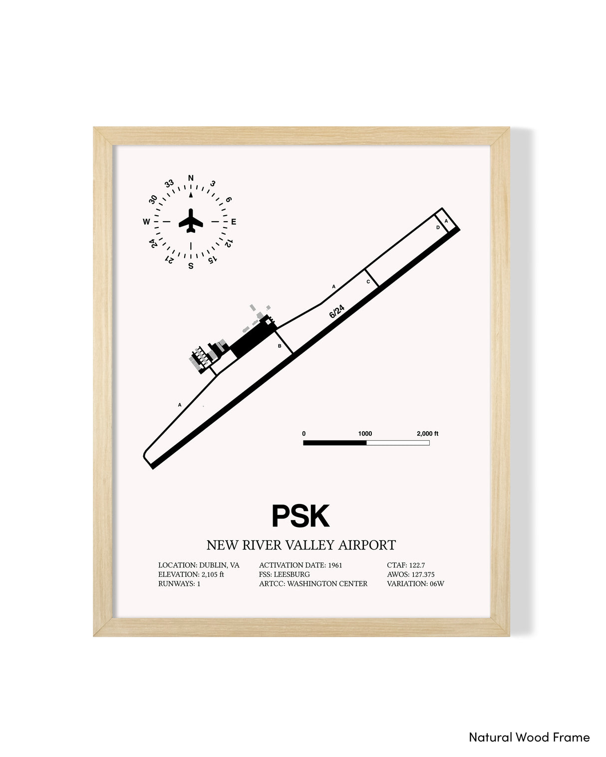 Detailed Airport Map of New River Valley Airport (PSK) in White with a Natural Frame