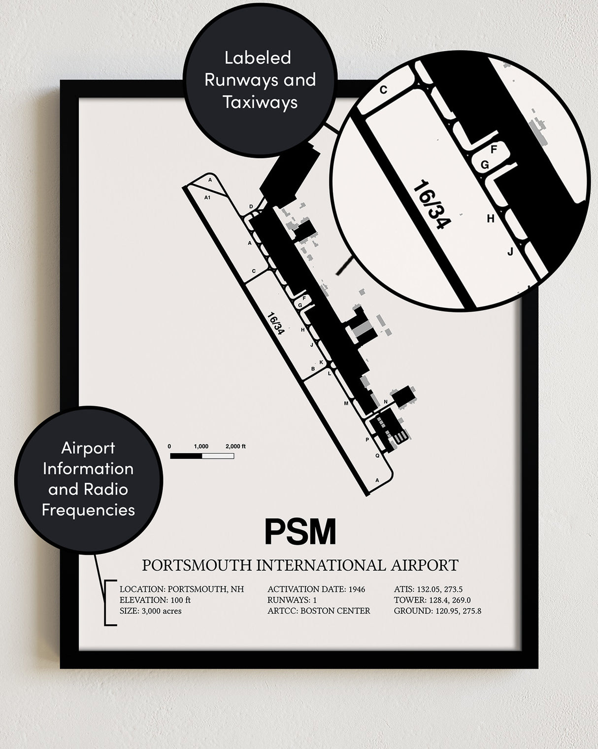 Framed Detailed Airport Map of Portsmouth International at Pease Airport (PSM) in White with a Black Frame
