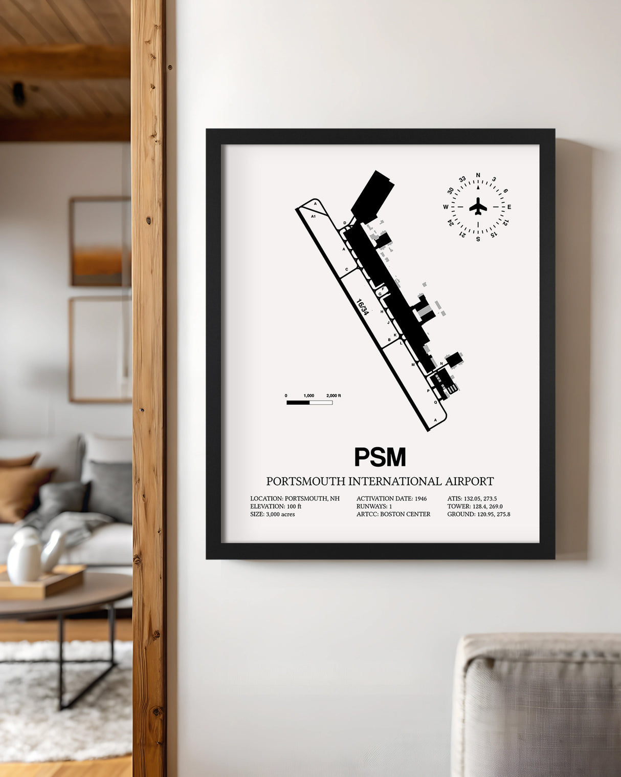 Framed Detailed Airport Map of Portsmouth International at Pease Airport (PSM) in White with a Black Frame