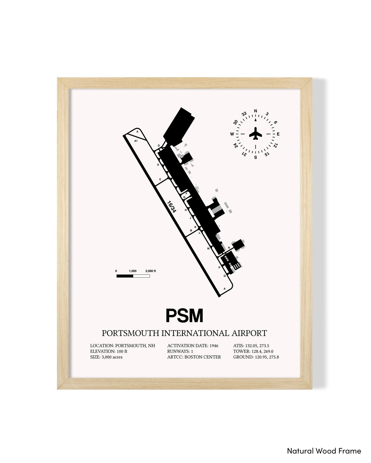 Detailed Airport Map of Portsmouth International at Pease Airport (PSM) in White with a Natural Frame