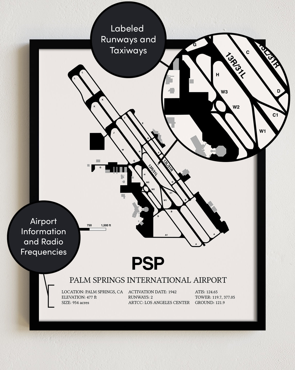 Framed Detailed Airport Map of Palm Springs International Airport (PSP) in White with a Black Frame
