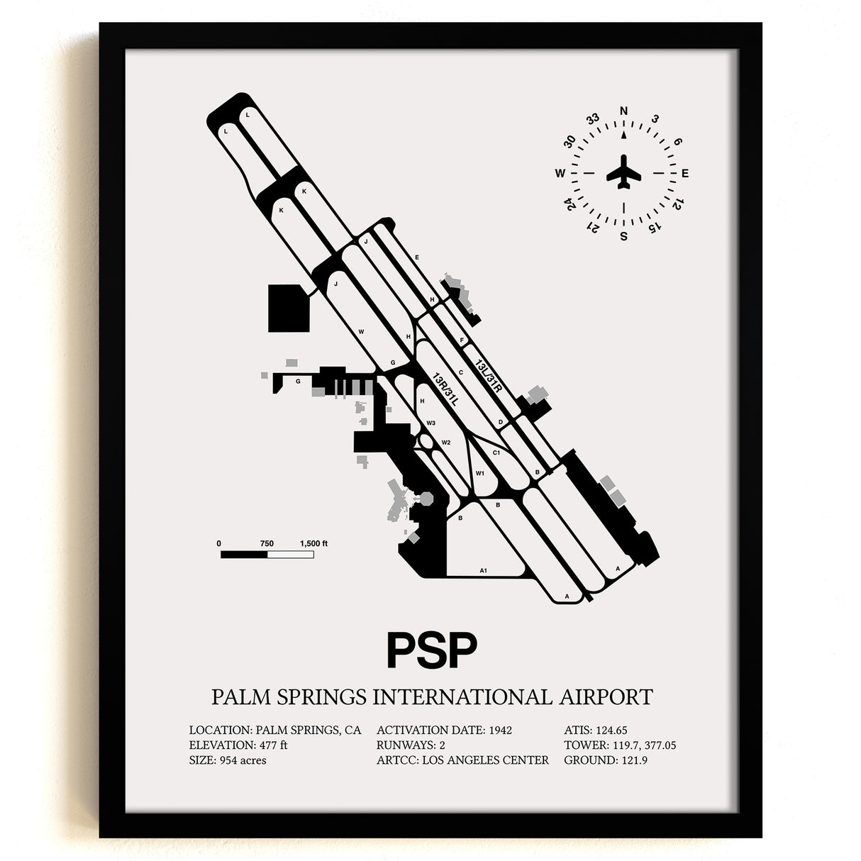 Framed Detailed Airport Map of Palm Springs International Airport (PSP) in White with a Black Frame