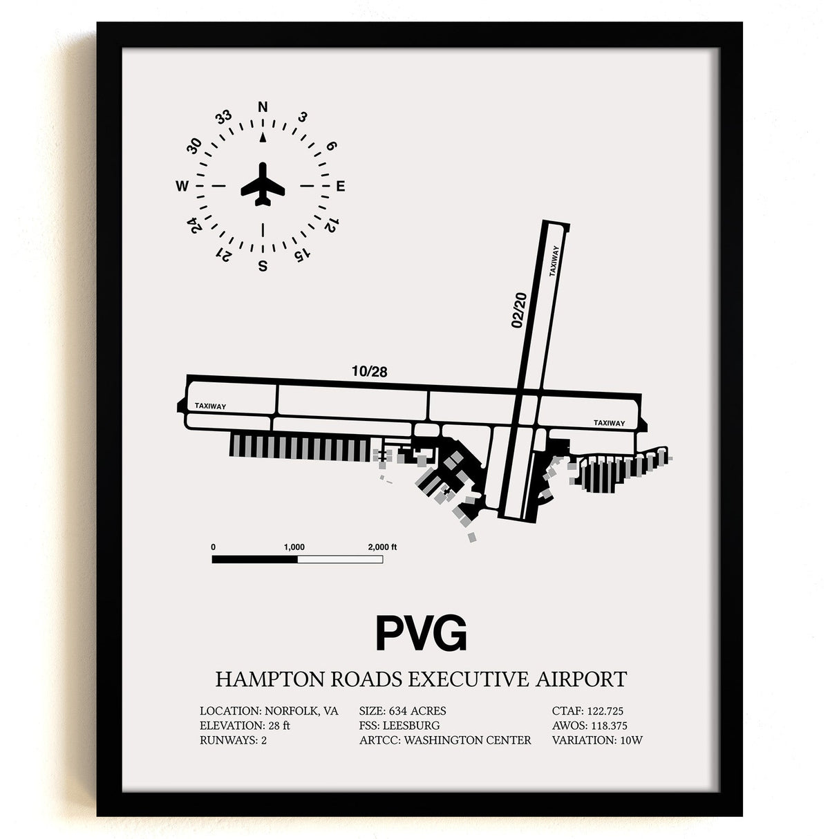 Framed Detailed Airport Map of Hampton Roads Executive Airport (PVG) in White with a Black Frame