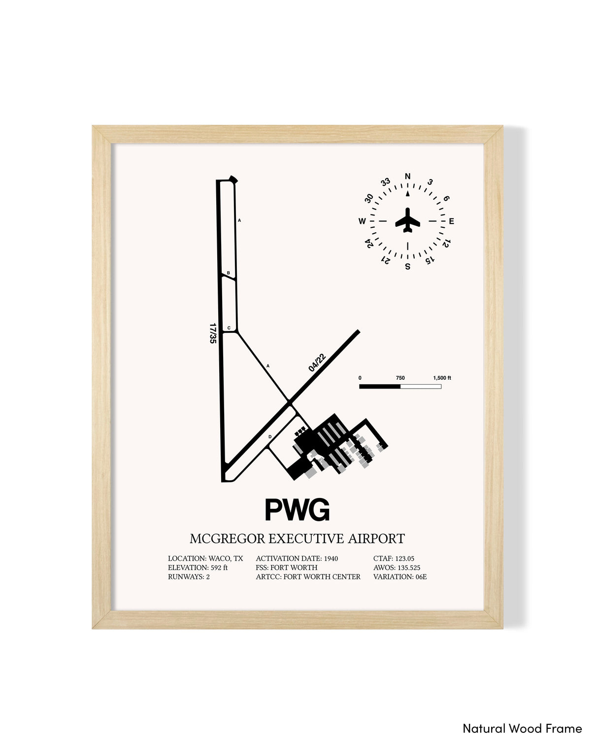 Detailed Airport Map of McGregor Executive Airport (PWG) in White with a Natural Frame