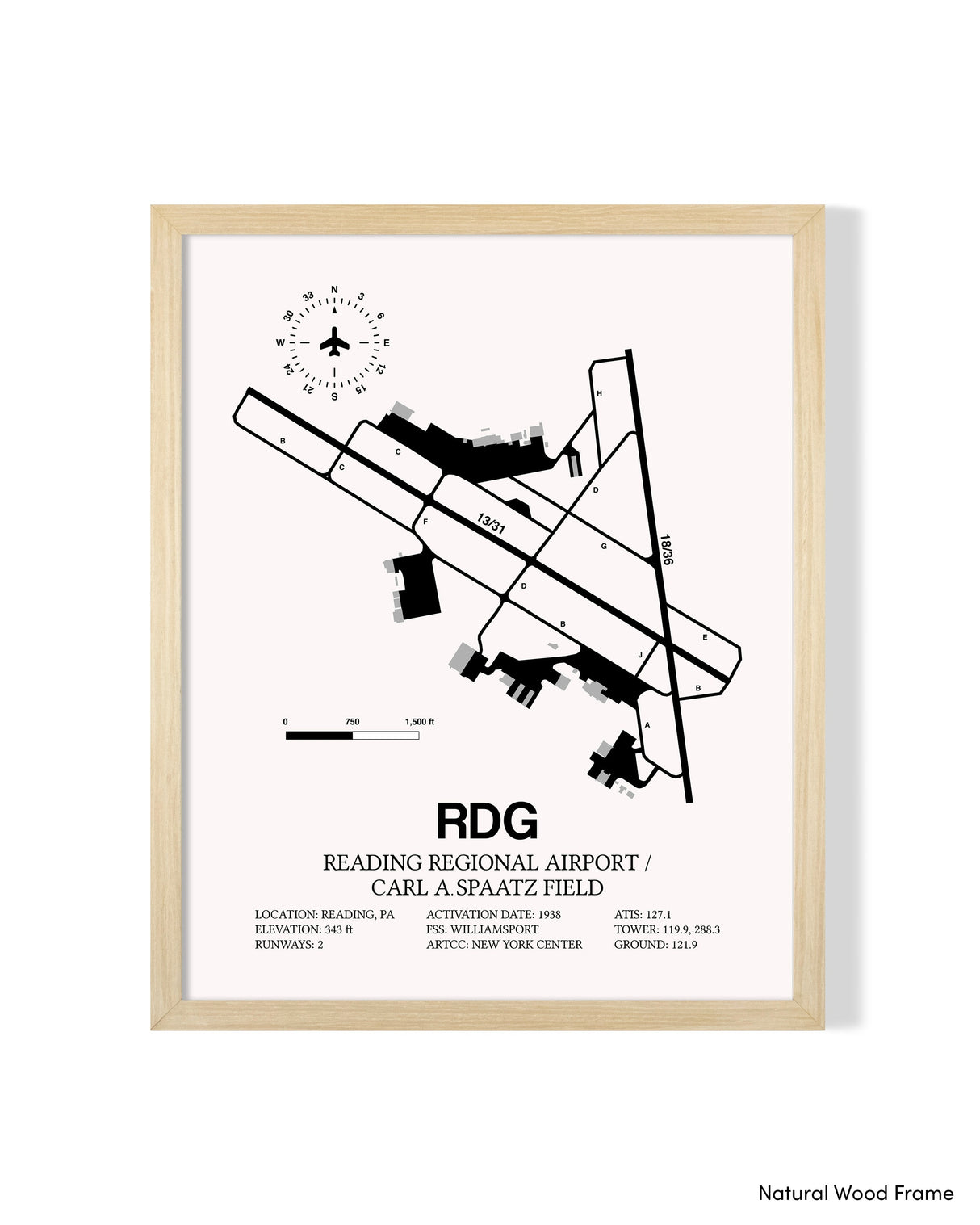 Detailed Airport Map of Reading Regional Airport/Carl A. Spaatz Field (RDG) in White with a Natural Frame
