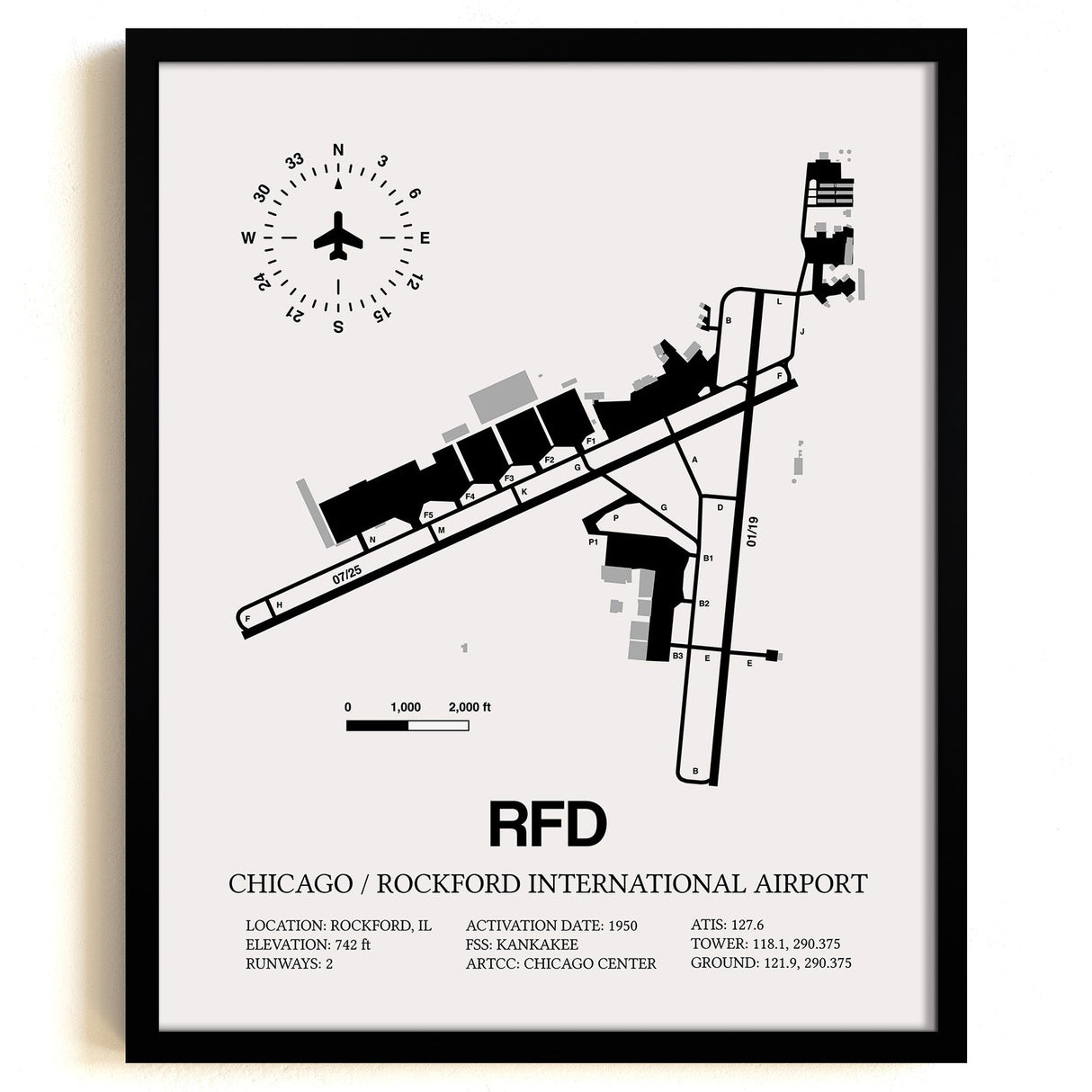 Framed Detailed Airport Map of Chicago/Rockford International Airport (RFD) in White with a Black Frame