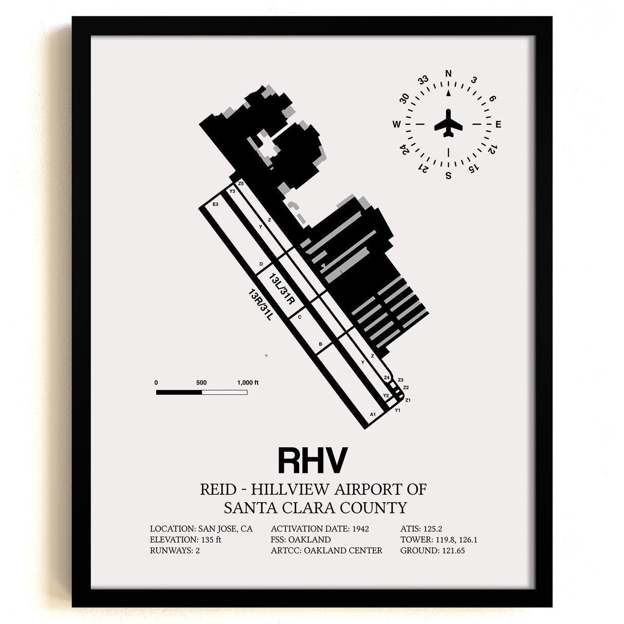 Framed Detailed Airport Map of Reid-Hillview Airport of Santa Clara County (RHV) in White with a Black Frame