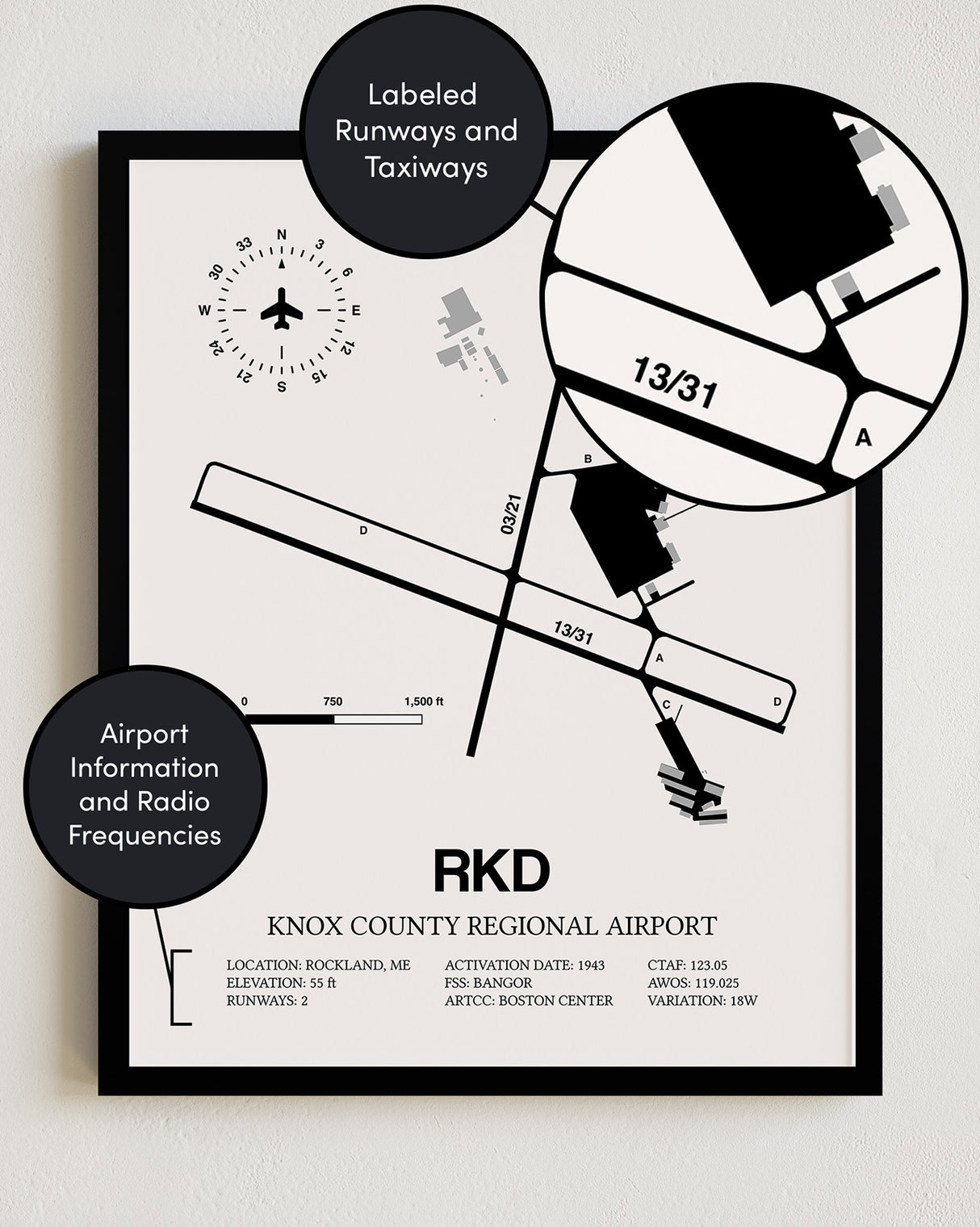 Framed Detailed Airport Map of Knox County Regional Airport (RKD) in White with a Black Frame