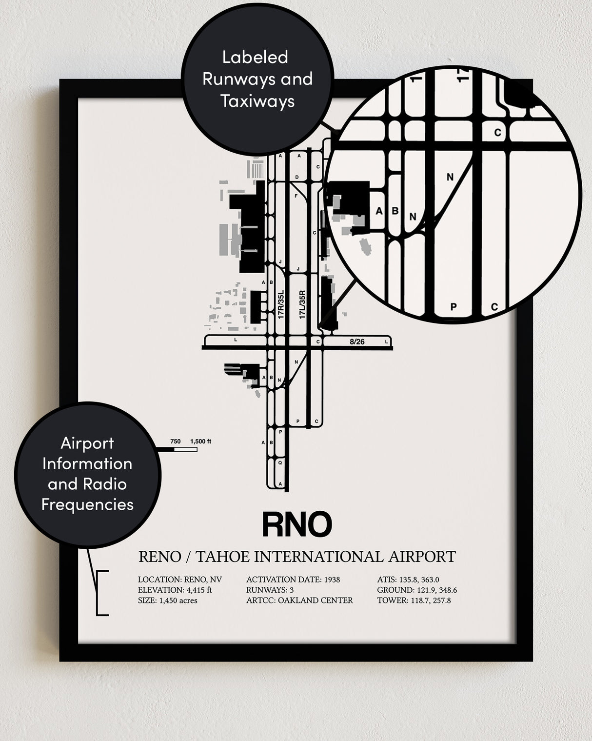 Framed Detailed Airport Map of Reno Tahoe International Airport (RNO) in White with a Black Frame