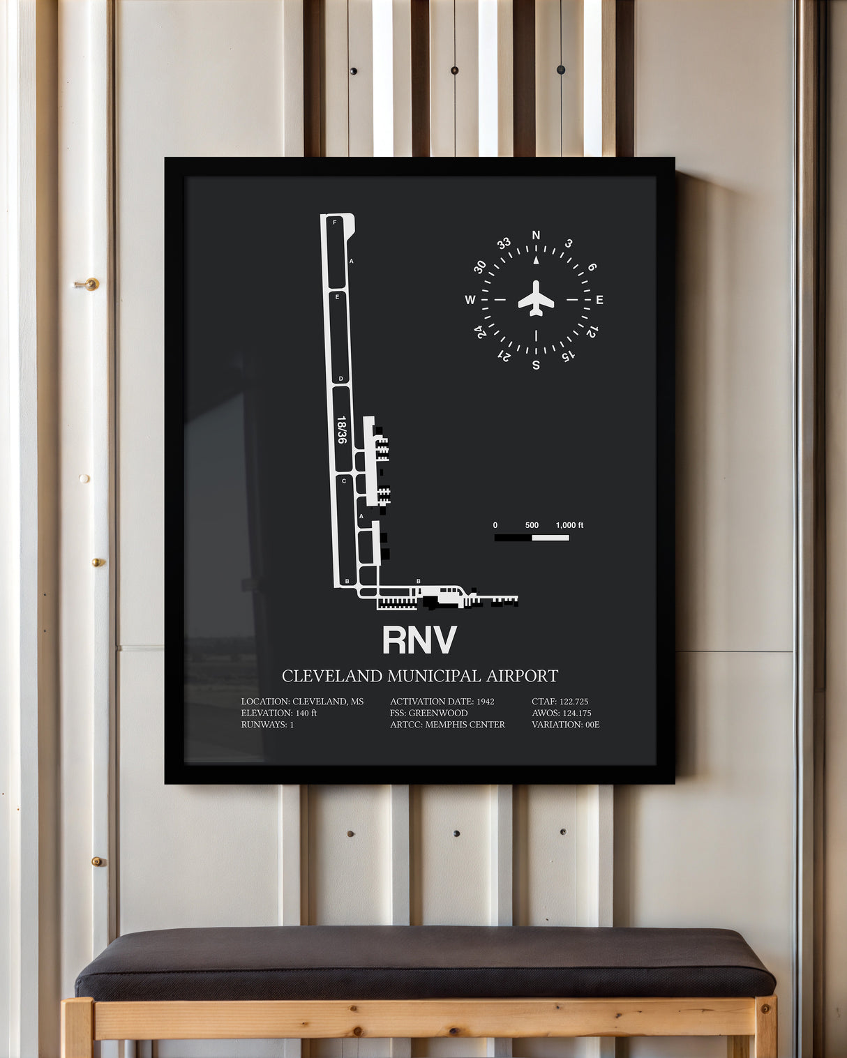 Framed Detailed Airport Map of Cleveland Municipal Airport (RNV) in Gray with a Black Frame