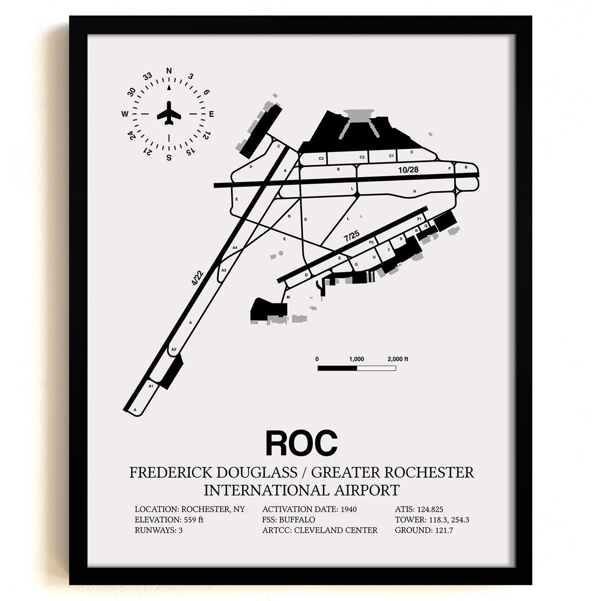 Framed Detailed Airport Map of Frederick Douglass/Greater Rochester International Airport (ROC) in White with a Black Frame