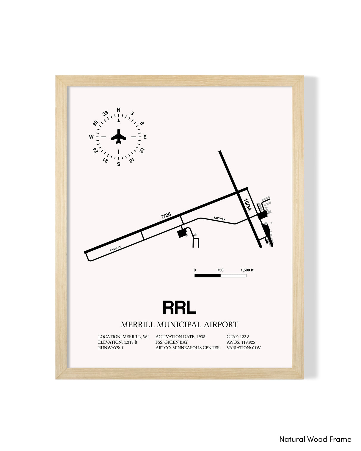 Detailed Airport Map of Merrill Municipal Airport (RRL) in White with a Natural Frame