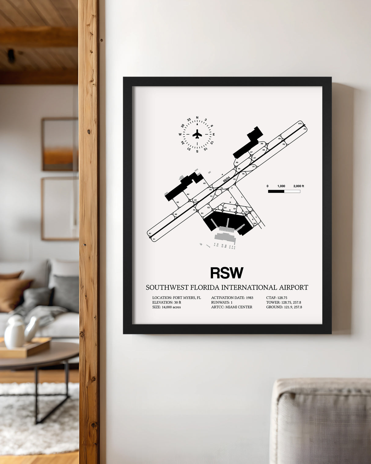 Framed Detailed Airport Map of Southwest Florida International Airport (RSW) in White with a Black Frame
