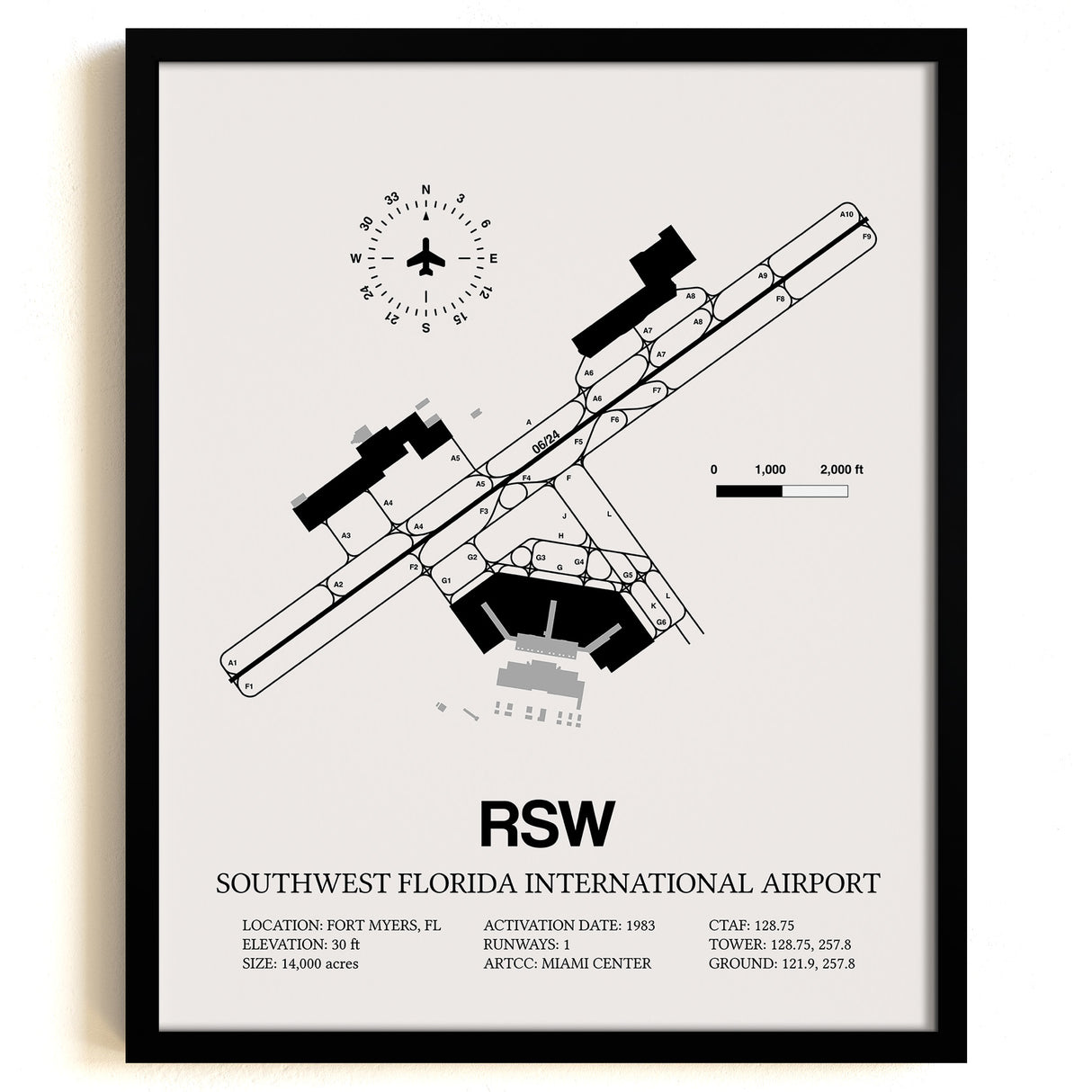 Framed Detailed Airport Map of Southwest Florida International Airport (RSW) in White with a Black Frame