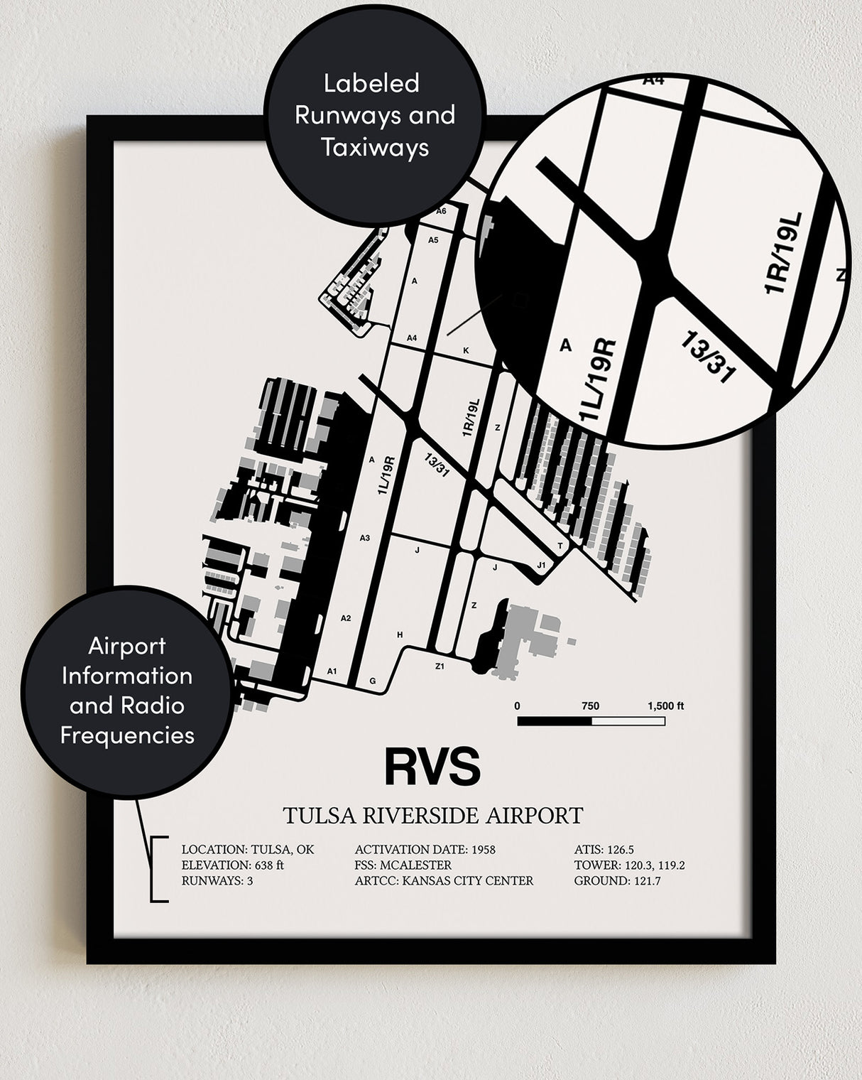 Framed Detailed Airport Map of Tulsa Riverside Airport (RVS) in White with a Black Frame