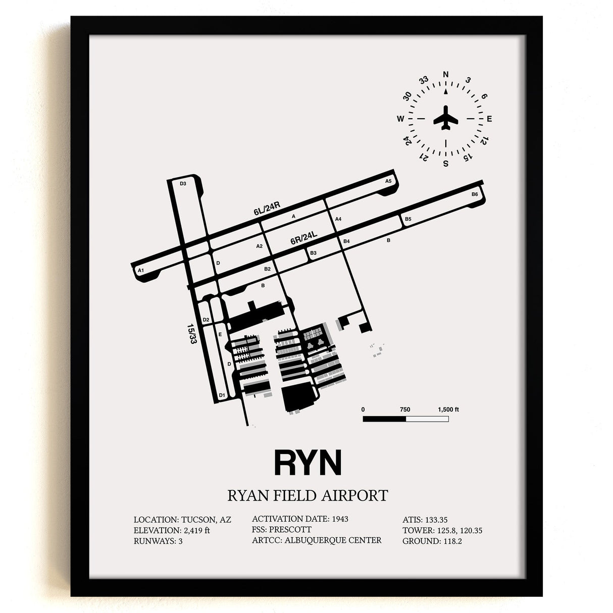 Framed Detailed Airport Map of Ryan Field Airport (RYN) in White with a Black Frame