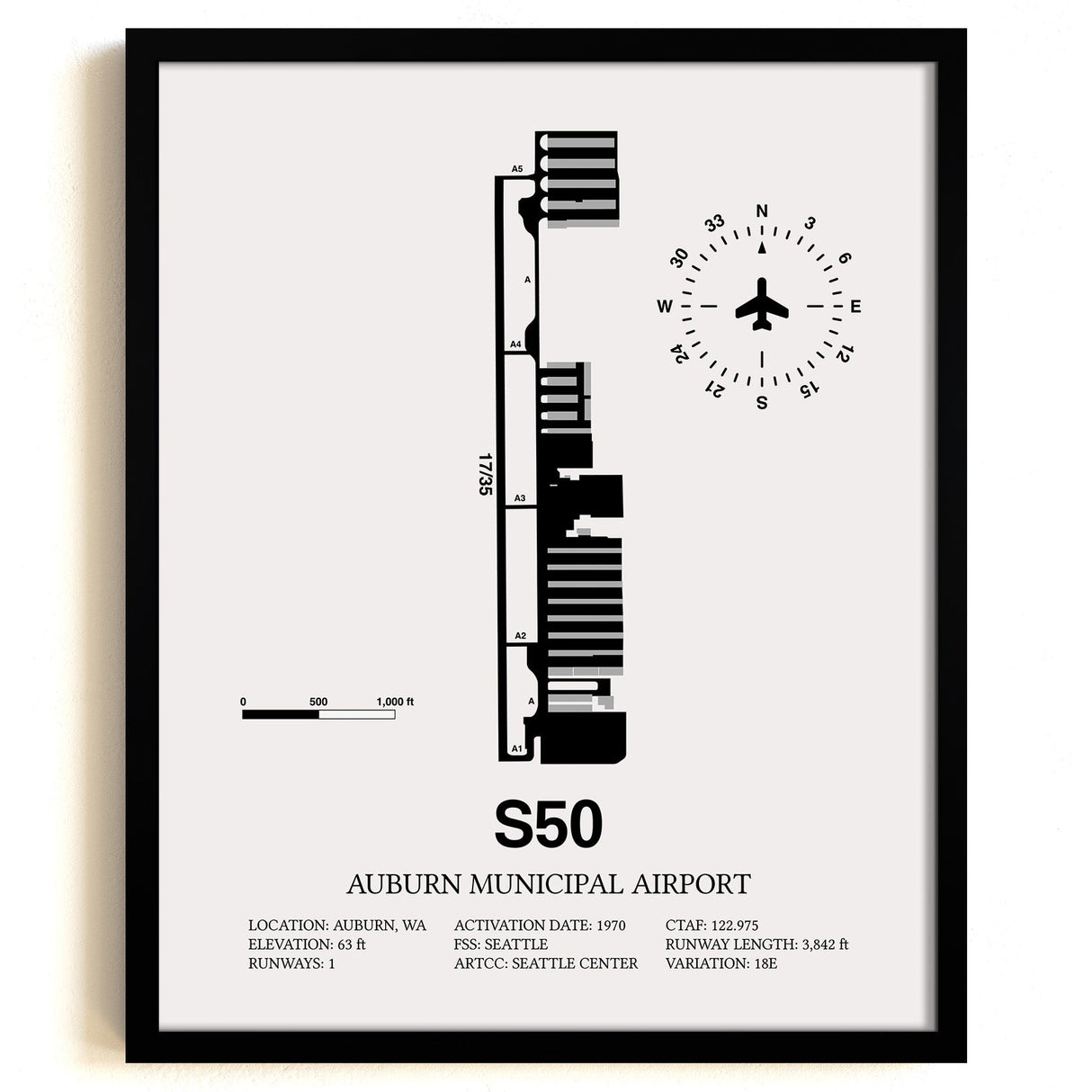 Framed Detailed Airport Map of Auburn Municipal Airport (S50) in White with a Black Frame