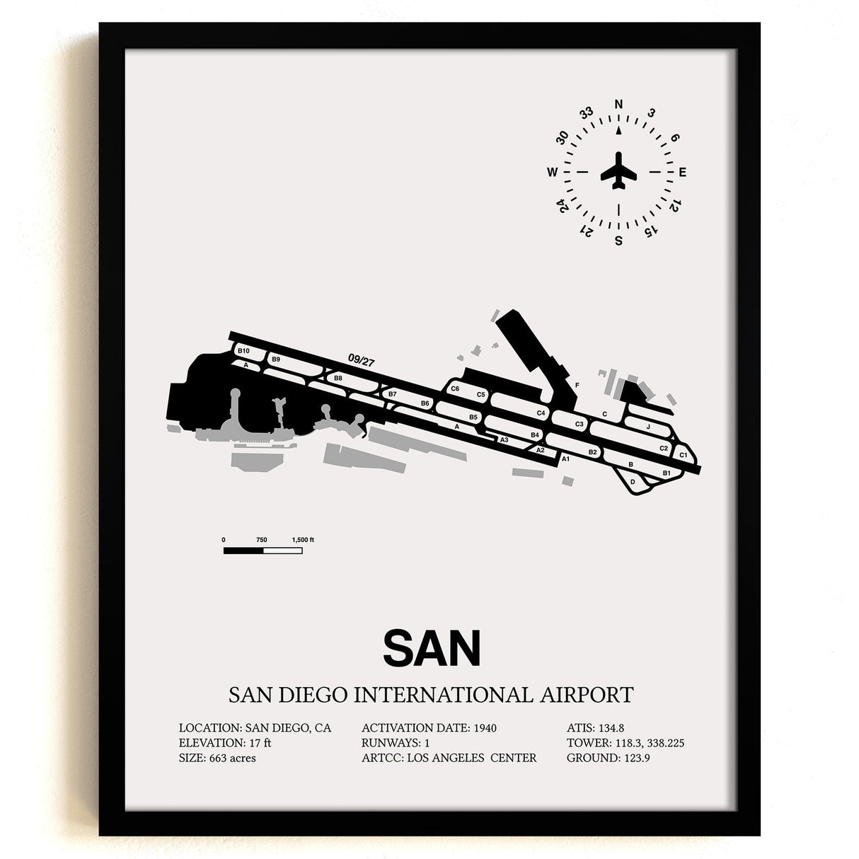 Framed Detailed Airport Map of San Diego International Airport (SAN) in White with a Black Frame