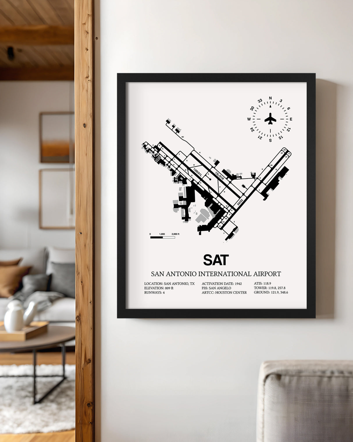 Framed Detailed Airport Map of San Antonio International Airport (SAT) in White with a Black Frame