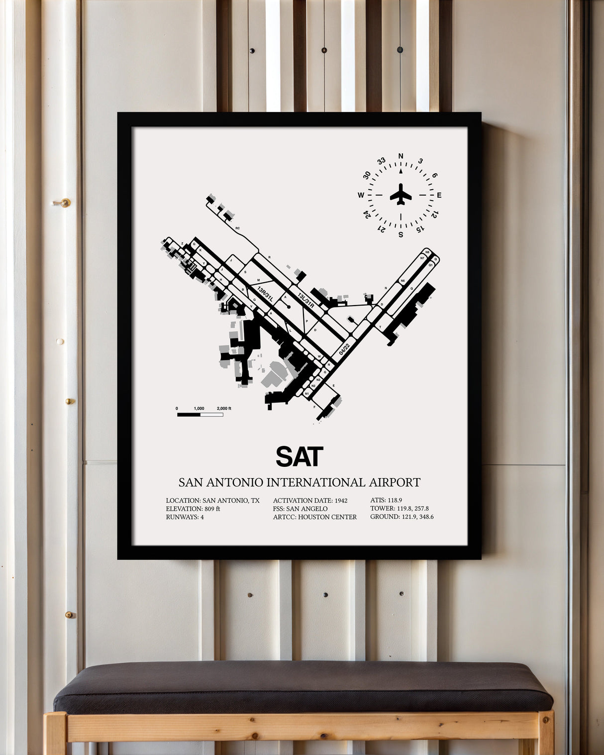 Framed Detailed Airport Map of San Antonio International Airport (SAT) in White with a Black Frame