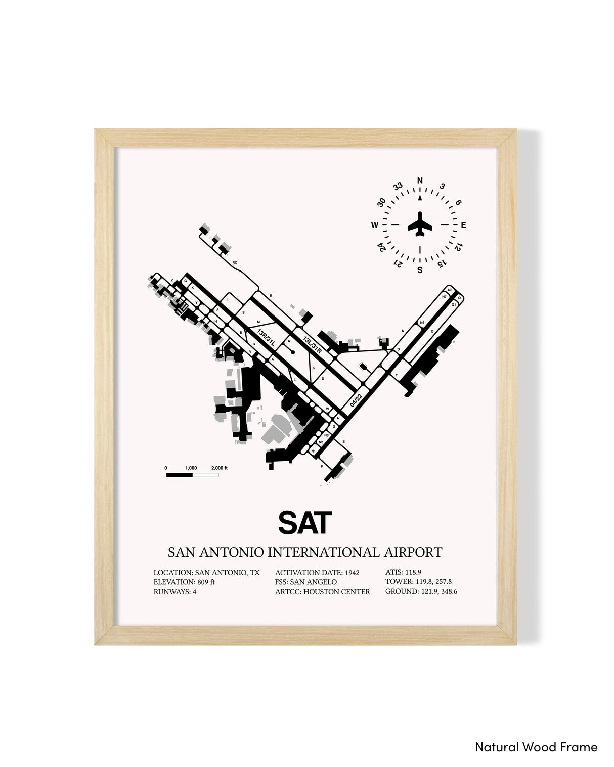 Detailed Airport Map of San Antonio International Airport (SAT) in White with a Natural Frame