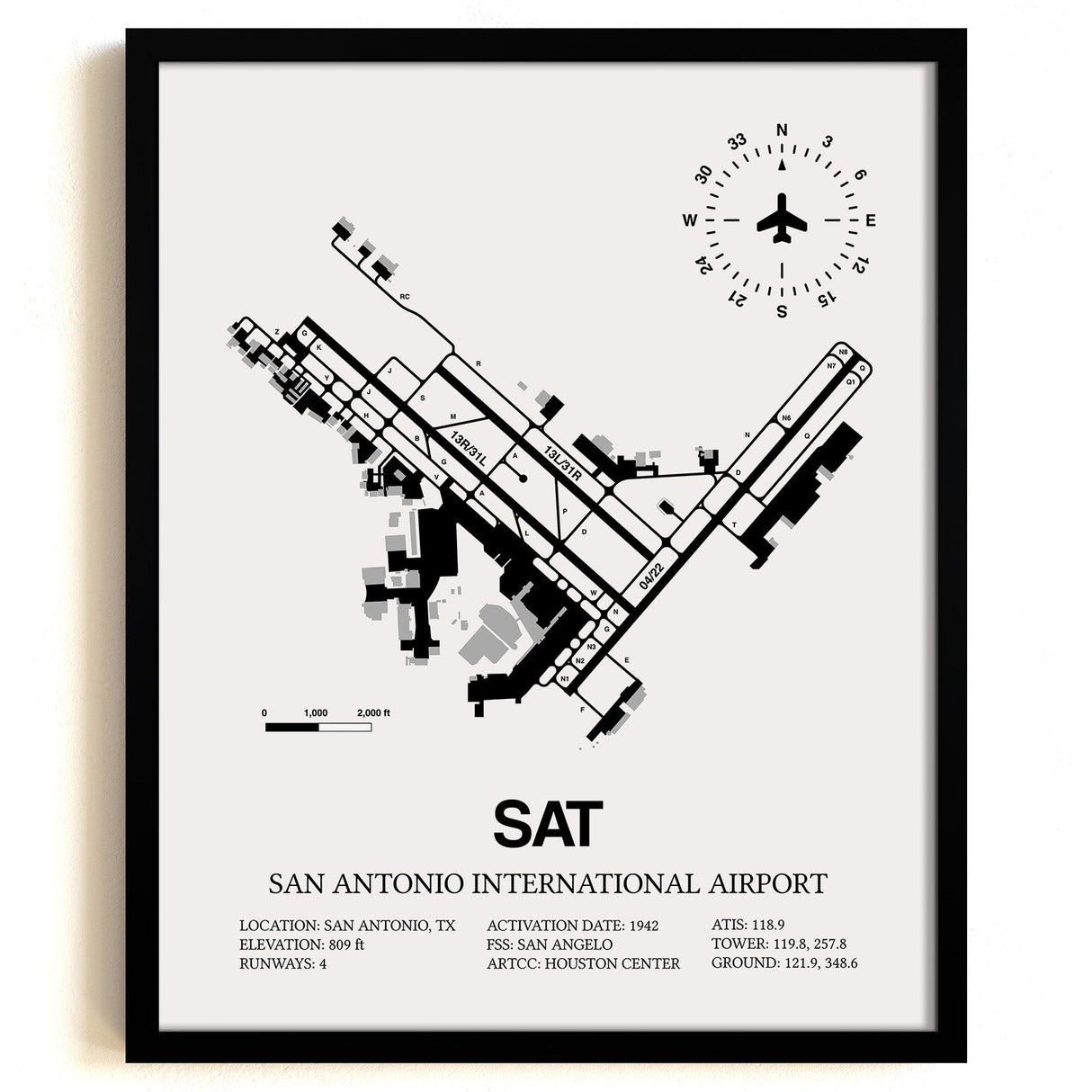 Framed Detailed Airport Map of San Antonio International Airport (SAT) in White with a Black Frame
