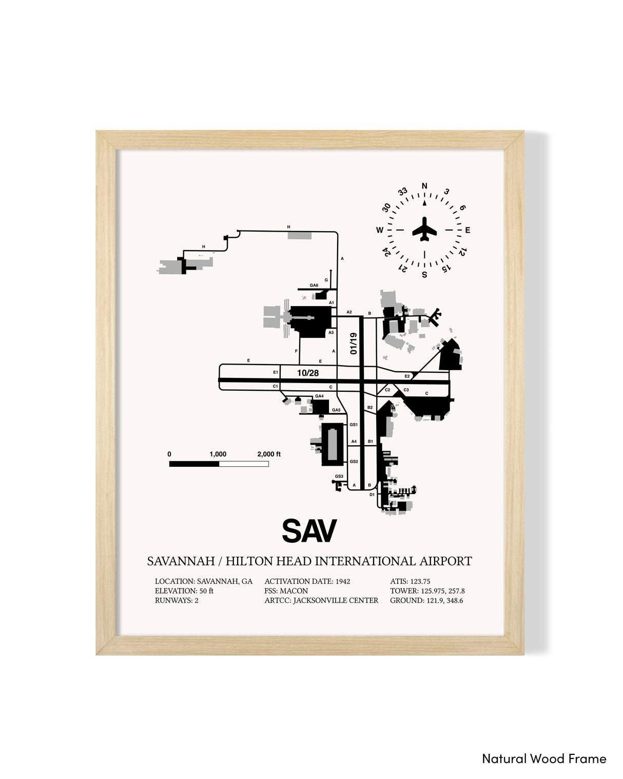 Detailed Airport Map of Savannah/Hilton Head International Airport (SAV) in White with a Natural Frame