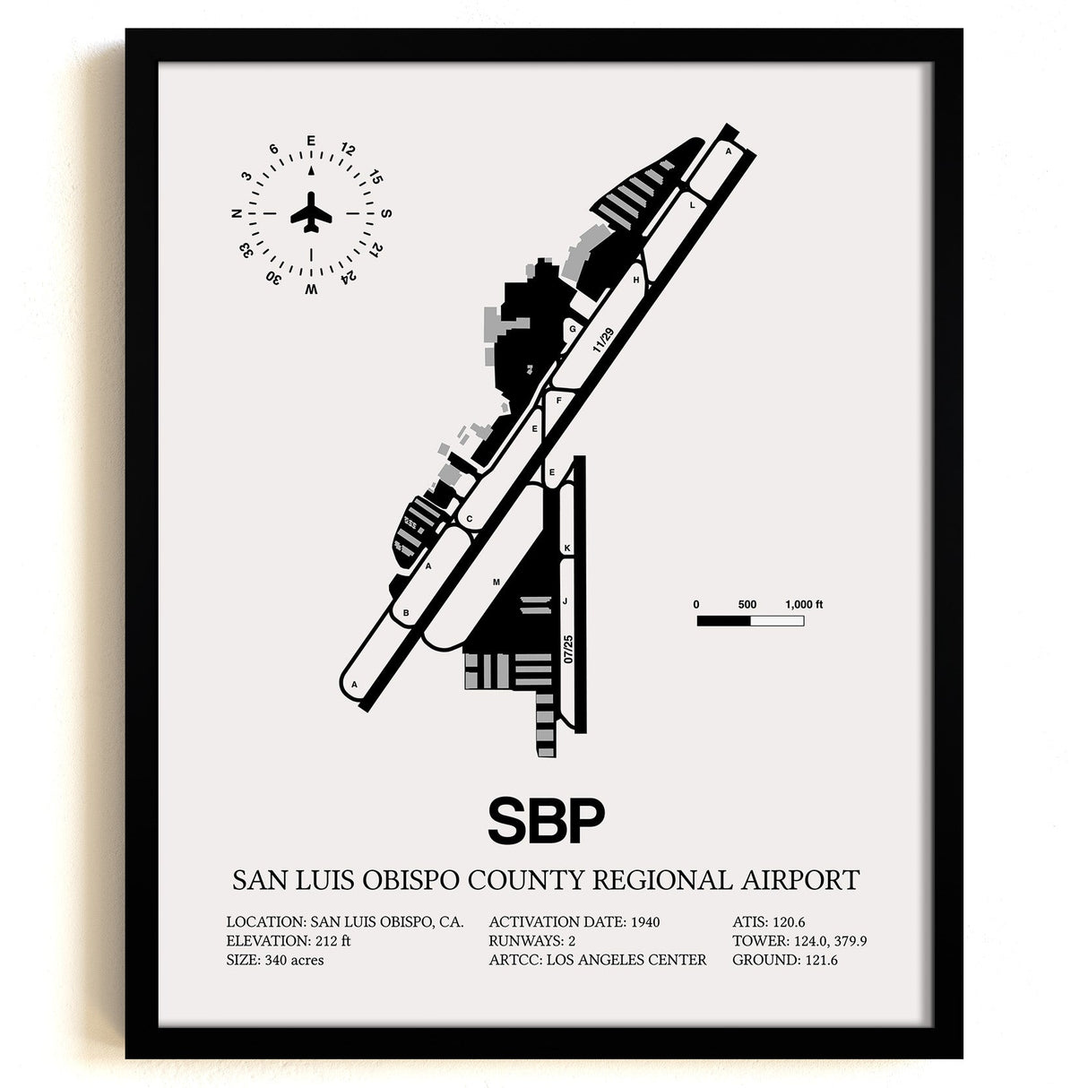 Framed Detailed Airport Map of San Luis County Regional Airport (SBP) in White with a Black Frame