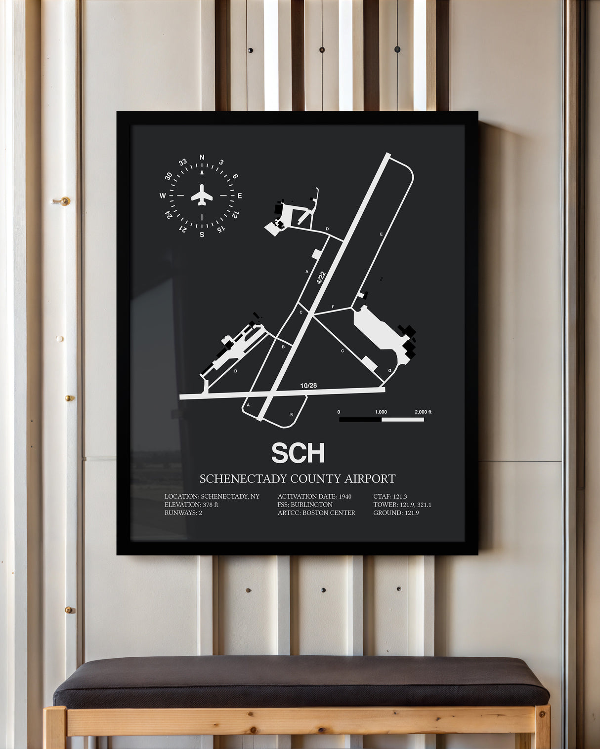 Framed Detailed Airport Map of Schenectady County Airport (SCH) in Gray with a Black Frame