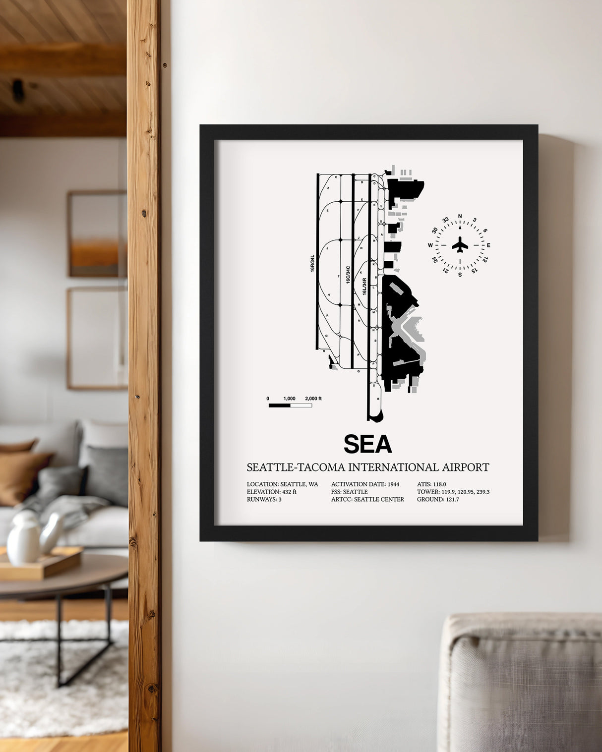 Framed Detailed Airport Map of Seattle Tacoma International Airport (SEA) in White with a Black Frame