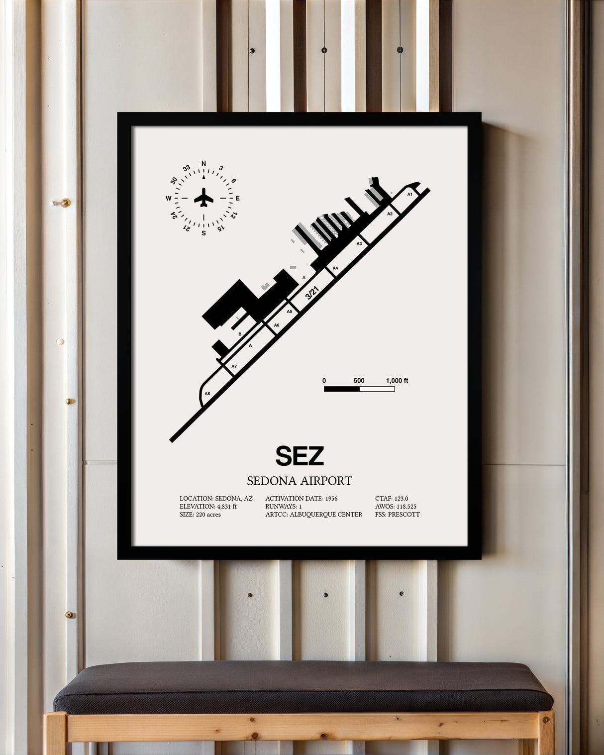 Framed Detailed Airport Map of Sedona Airport (SEZ) in White with a Black Frame